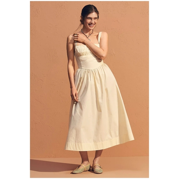 Anthropologie Drop-Waist Ruched Midi Dress In Butter Yellow, NWT - Picture 3 of 3